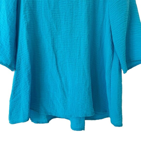 Yushi Blue Lagenlook Tunic Top V Neck 3/4 Sleeve Boho Art Gauzy Button Blouse - Picture 5 of 15
